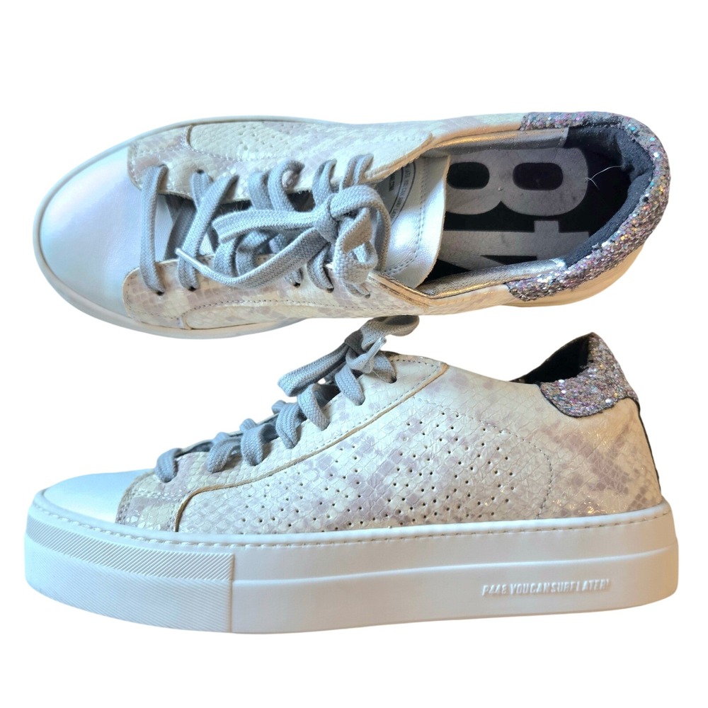 P448 Women Snakeskin Embossed Platform Sneakers Glitter Heel Silver Size 37